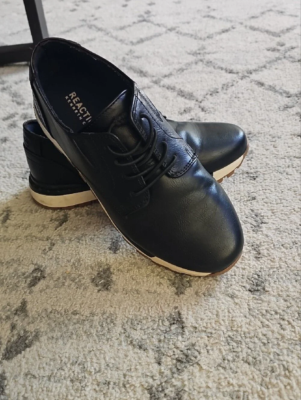 Boys Kenneth Cole Black Leather Like Derby with Tan Outsole